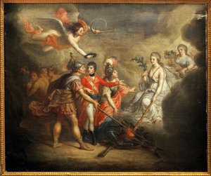 Amiens békéje. Traite 1802. március 25-én aláírt egyrészt az Egyesült Királyság és szövetségesei, az Oszmán Birodalom, másrészt Franciaország, Spanyolország és Hollandia között. A festmény I. Bonaparte Napóleont ábrázolja, akit trombitáló angyal koronázott
