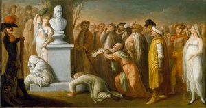 Egyiptom hadjárata (expedíciója) (1798-1801): "" Bonaparte Napóleon (1765-1821) hazatérése Egyiptomból 1799 októberében"" Napóleon tábornok allegorikus ábrázolása, aki győzött Egyiptomból hazatérve, márvány mellszobra szimbolizálja , mely koronás