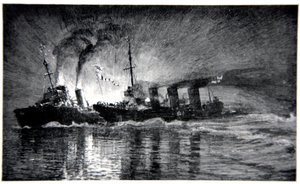 A HMS Broke döngölte a német rombolót, illusztrációja Gordon S. Maxwell „The Naval Front” című filmjéből, 1920