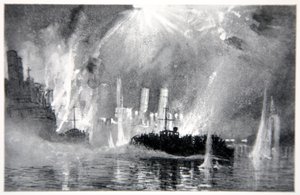 A motor elindítja a blokkhajók legénységének megmentését Zeebrugge-ben, illusztrációja Gordon S. Maxwell „The Naval Front” című művéből, 1920