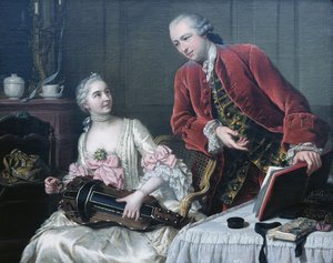 Monsieur és Madame de Corcelles portréja zenél egy belső térben