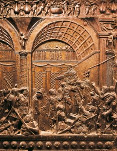 Reneszánsz művészet (Quattrocento): Krisztus vezet Kaifás elé. 1460. Alacsony dombormű bronzon) alkotó: Donatello