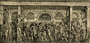 Az újszülött gyermek csodája beszél, Szent Antal oltár, Donatello bronz domborműve, Padovai Szent Antal bazilika, Padova, Veneto, Olaszország, fametszet a Le cento citta d