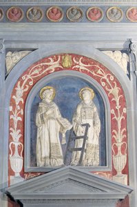 Szent Lőrinc és Szent István, alacsony domborműves szobor az északi ajtó felett, 1440 körül (terrakotta) alkotó: Donatello