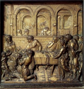 II. Herode Antipas lakomája (Kr. e. 21-39). Részlet a keresztelőkút alsó domborművéről, amelyet Donato di Niccolo di Betto Bardi dit Donatello (1386-1466) készített