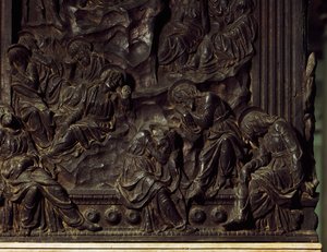 Istentisztelet a kertben, részlet a bal szószékről, Donatello (1386-1466), Szent Lőrinc-bazilika, Firenze, Olaszország alkotó: Donatello