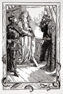 „King Anguish Isoltot ad Sir Tristramnak”, 1905. alkotó: Dora Curtis