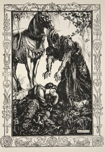Palamides megjelent előtte, illusztráció Beatrice Clay "Stories of King Arthur and the Round Table" című művéből. alkotó: Dora Curtis