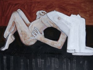 Absztrakt, hátradőlt akt alkotó: Doris Schmitz