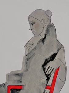 Gondolkodó nő, piros szék alkotó: Doris Schmitz