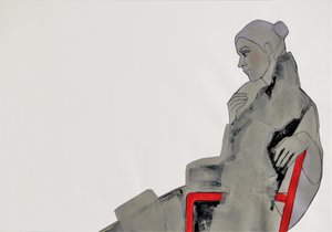 Gondolkodó nő, piros szék alkotó: Doris Schmitz