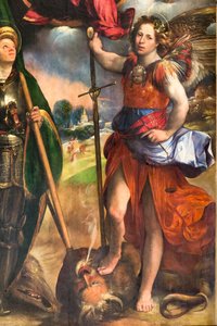Madonna Kis Jézussal és Szent György és Szent Mihály arkangyal, 2384617 részlet, 1518 körül (olaj, tábla) alkotó: Dosso Dossi