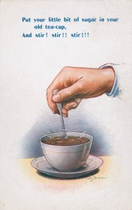 Cukor keverése egy teáscsészében (színes litográfia)