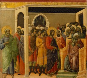 Krisztus Kaifás előtt, a Krisztus szenvedésének és feltámadásának epizódjaiból készült csempe részlete, a Sienai katedrálisban található Duccio-oltár Maesta
