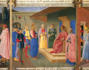 Krisztus Kaifás előtt, részlet Krisztus szenvedésének és feltámadásának epizódjaiból, a sienai katedrálisban található Duccio-oltár Maesta
