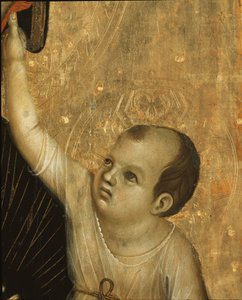 Crevole Madonna: A gyermek részlete – tempera és arany a panelen alkotó: Duccio di Buoninsegna