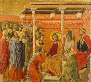 Töviskoronázás, Krisztus szenvedésének és feltámadásának epizódjaiból készült csempe részlete, a Sienai katedrálisban található Duccio-oltár Maesta
