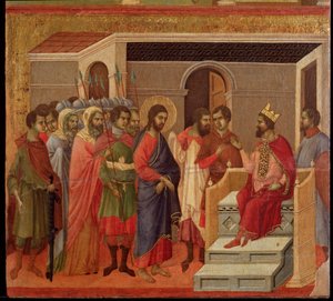 Jézus Heródes előtt. Maesta oltárkép (tempera és arany fán alkotó: Duccio di Buoninsegna