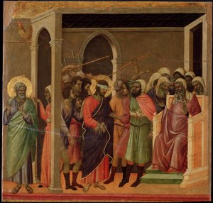Jézus megvetette. Maesta oltárkép (tempera és arany fán alkotó: Duccio di Buoninsegna