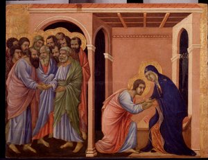 Mária búcsút vesz Jánostól, kívülről Péter és Pál apostol kezet fog. A Maesta részlete (tempera és arany fán alkotó: Duccio di Buoninsegna