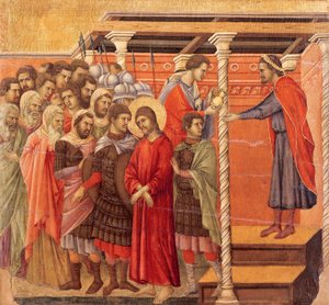 Pilátus kezet mos, részlet Krisztus szenvedésének és feltámadásának epizódjaiból, a Sienai katedrálisban található Duccio-oltár Maesta