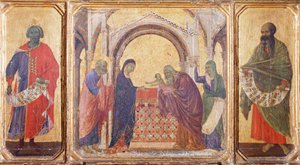 Salamon, bemutató a templomban és Malakiás próféta, részlet a Sienai katedrálisban lévő Duccio Maesta oltárképének predellájából alkotó: Duccio di Buoninsegna