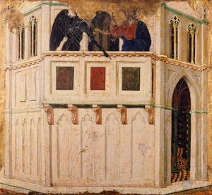 Kísértés a templomon, részlet a Sienai katedrálisban lévő Duccio Maesta oltárképének predellájából alkotó: Duccio di Buoninsegna