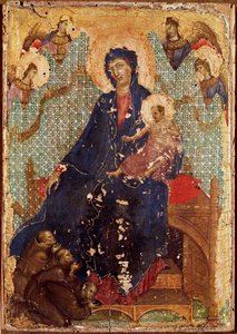 A ferencesek Madonnája vagy „Madonna gyermeket szül ferences szerzetesekkel és angyalokkal”” Detrempe fán, Duccio di Buoninsegna (1255-1318/9) 1300 Dim. 23,5x16 cm Siena, Pinacoteca nazionale alkotó: Duccio di Buoninsegna