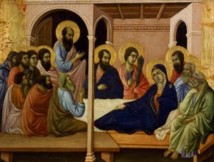A Szűz búcsút vesz az apostoloktól, részlet a Duccio Maesta oltárképéből a sienai katedrálisban alkotó: Duccio di Buoninsegna