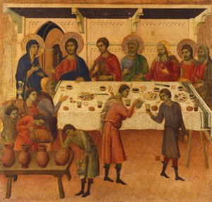 A kánai esküvő, Krisztus szenvedésének és feltámadásának epizódjaiból készült csempe részlete, a Sienai katedrálisban található Duccio-oltár Maesta
