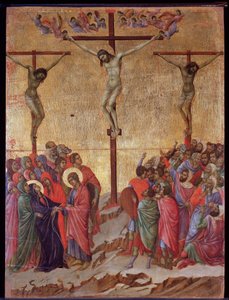 A keresztre feszítés. Az oldalakon a jó tolvaj (Dismas) és a megtérő tolvaj (Gestas). Maesta oltárkép (tempera és arany fán alkotó: Duccio di Buoninsegna