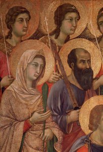 Szűz és gyermek a trónon, részlet Alexandriai Szent Katalinnal és Szent Pállal. (La Maesta) (tempera és arany fán alkotó: Duccio di Buoninsegna