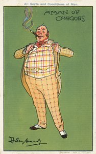 A csekkek embere: egy kövér, gazdag férfi kockás öltönyben (chromolitho)