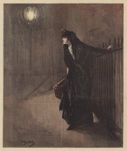 Carrie megborzongott, ahogy a dér korlátokba kapaszkodott (színes litó) alkotó: Dudley Hardy