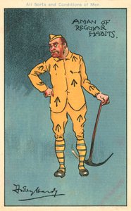 Bűn és büntetés: csákányt tartó fogoly (chromolitho) alkotó: Dudley Hardy