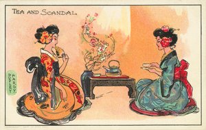 Tea és botrány: két japán nő teát iszik (színes litho)