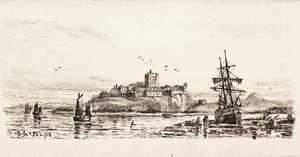 Holland Schooner megfeneklett Bamburghban (tinta a kártyán) alkotó: Duncan F. McLea