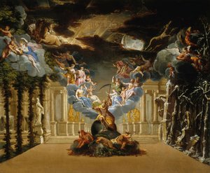 Színpadterve Jean-Baptiste Lully Atys Tragédie-lyrique prológusához, c. 1708. alkotó: Duplessis