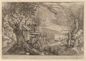 Táj rönkházzal a folyó közelében alkotó: Dutch 17th Century, formerly Jacques de Gheyn II
