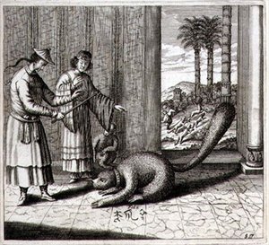 Egy furcsa állat, Athanasius Kircher (1601-80) „Kína illusztrációja” című művéből, 1667 (metszet) alkotó: Dutch School