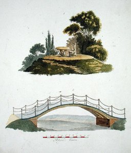 Egy rusztikus szék és asztal, valamint egy díszes híd, G. van Laar 1802-ben kiadott "Magazine of Garden Gems" című művéből. alkotó: Dutch School