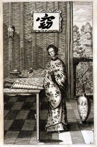 Kínai nő csalogánnyal, Athanasius Kircher (1601-80) „China Illustrated” című művéből, 1667 (metszet) alkotó: Dutch School