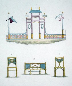 Kínai kapu és kerti ülések, G. van Laar „Magazine of Garden Gems” című könyvéből, 1802-ben (színes litho) alkotó: Dutch School