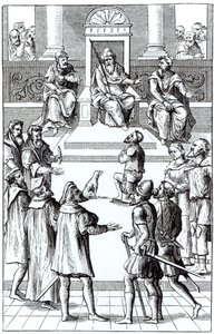 Beismerő vallomás a törvényszék előtt a Praxis Rerum Criminaliumban Joos de Damhouder (1507-81) Antwerpenben, 1556-ban megjelent fametszete után. alkotó: Dutch School