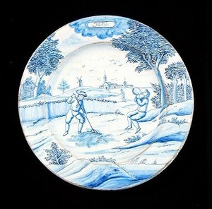 Delftware lemez július hónapot ábrázolva (ónmázas cserépedény) alkotó: Dutch School