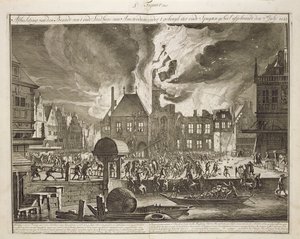 Tűz a régi amszterdami városházán, 1652. július 17., a Tűzoltás Hollandiában című könyvből, amely 1700 körül jelent meg alkotó: Dutch School