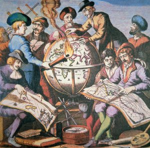 A holland térképatlasz frontképe térképészek és műszerek csoportját ábrázolva, 1710 körül (színes litó) alkotó: Dutch School