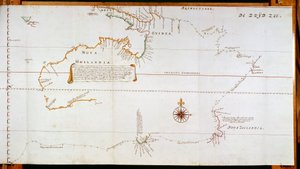 Új-Hollandia (ma Ausztrália) és Új-Zéland térképe Abel Janszoon Tasman (1603-1659) és Willem Janszoon (1570-1630) utazásai során gyűjtött információk alapján