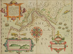 A patagóniai Magellán-szoros térképe a Mercator Atlas kocsmából. Jodocus Hondius (1563-1612) Amszterdam, 1606