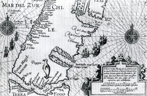 A Magellán-szoros térképe, Oliver van Noorts táblája utazásának leírása, 1602